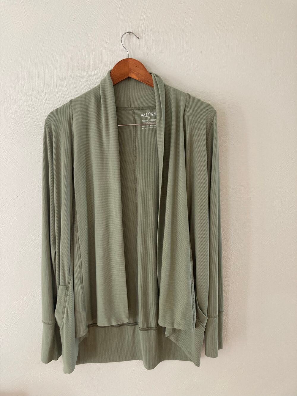 IMBŌDHI Ribbed Cardigan Long Sleeve Open Front Pockets M Sage Green